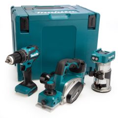 Makita DLX3116ZJ - DHP485 Akku-Schlagbohrmaschine + DRT50 Akku-Fräsmaschine + DKP180 Akku-Hobel 18V ohne Akkus und Ladegerät