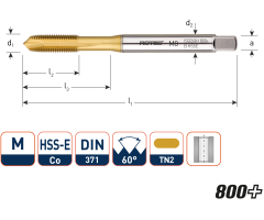 Rotec 330.0800T HSS-E 800 machinetap DL DIN 371B M 8x1,25 TiN