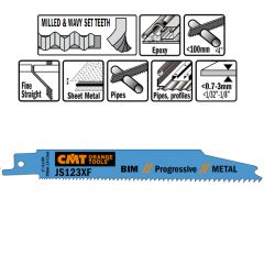 CMT JS123XF Stichsägeblätter 5 Stück Bi-Metall 150mm x 0.9 x 8-14TPI Anwendung: Bleche (1-8mm); dünn- und dickwandige Rohre und Profile.