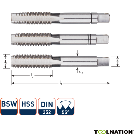 Rotec 3060020 HSS Handgewindeschneidsatz 3 Stück DIN 352 BSW 1/2-12 - 1