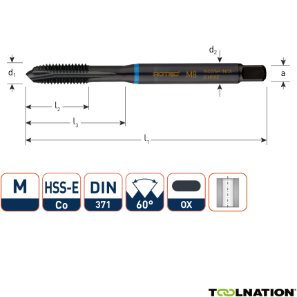 Rotec 331.0800 HSS-E INOX Maschinengewindebohrer DL DIN 371B M 8x1,25 VAP - 1