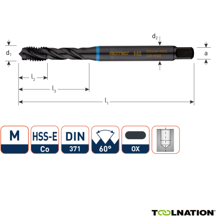 Rotec 331.0800C HSS-E INOX Maschinengewindebohrer BL DIN 371C/40° M 8x1,25 VAP - 1