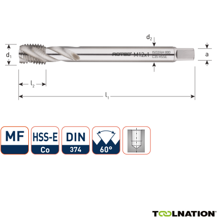 Rotec 335.1212C HSS-E 800 Maschinengewinde BL DIN 374C/40° MF12x1,25 - 1