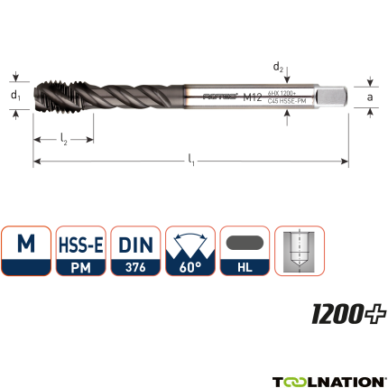 Rotec 336.1600C HSS-E PM 1200 machinetap BL DIN 376C/45° M16x2,0 - 1