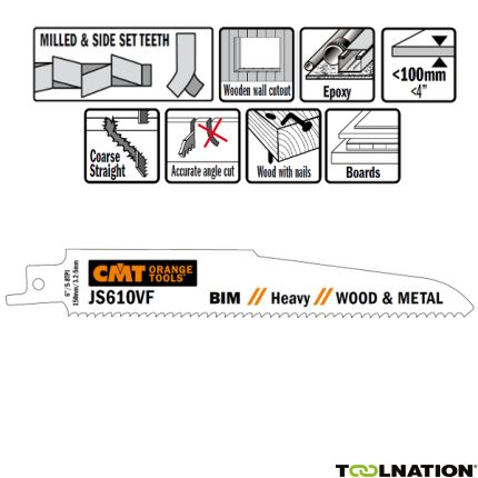 CMT JS610VF Stichsägeblätter 5 Stück Bi-Metall 150mm x 1,6 x 3,2-5TPI Holz mit Nägeln; Metall; Holz, Spanplatten, faserverstärkter Kunststoff, Epoxid, Abbruch. - 1